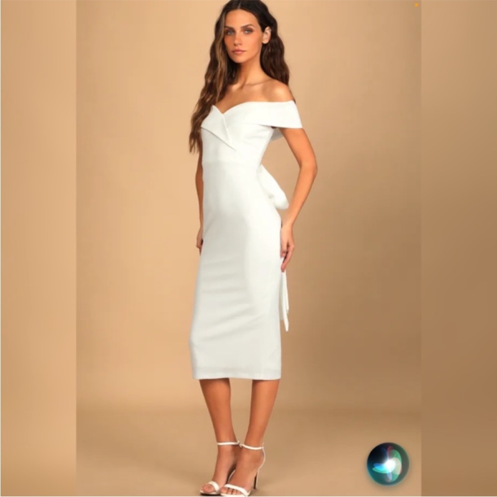 Lulus Cordially Invited White Off-the-Shoulder Bow Back Midi Dress